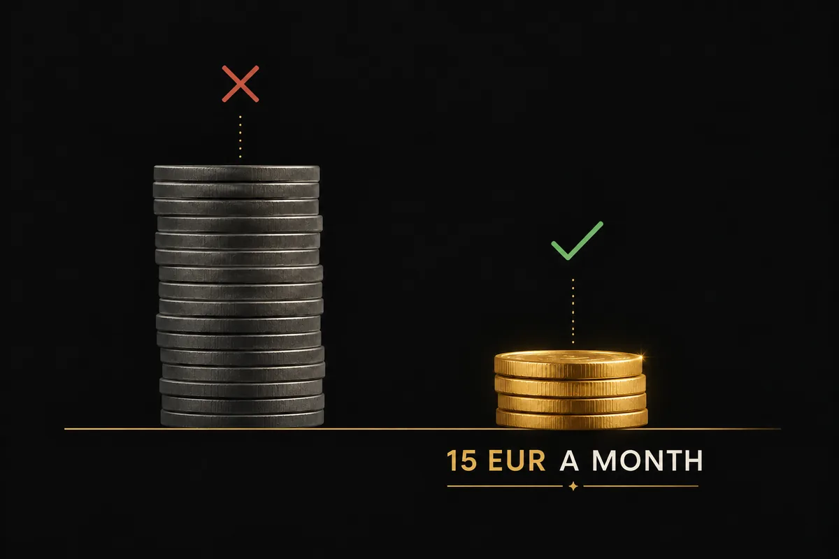 A tall stack of grey coins against a short gold one: 15 euros a month