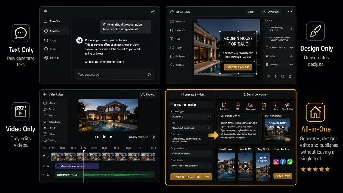 Four screens: text only, design only, video only, and a fourth that produces description, PDF, feed image, Reel, Story and publishing in one go