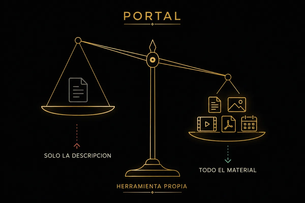Una balanza: a un lado la IA del portal, que solo da la descripción; al otro, una herramienta propia con documento, imagen, vídeo, PDF y calendario