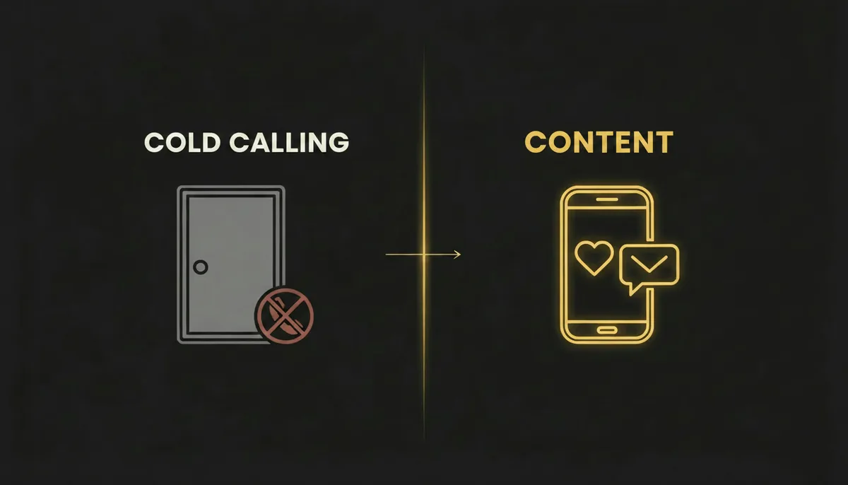 Cold calling, a closed door, next to content, a phone with an incoming message