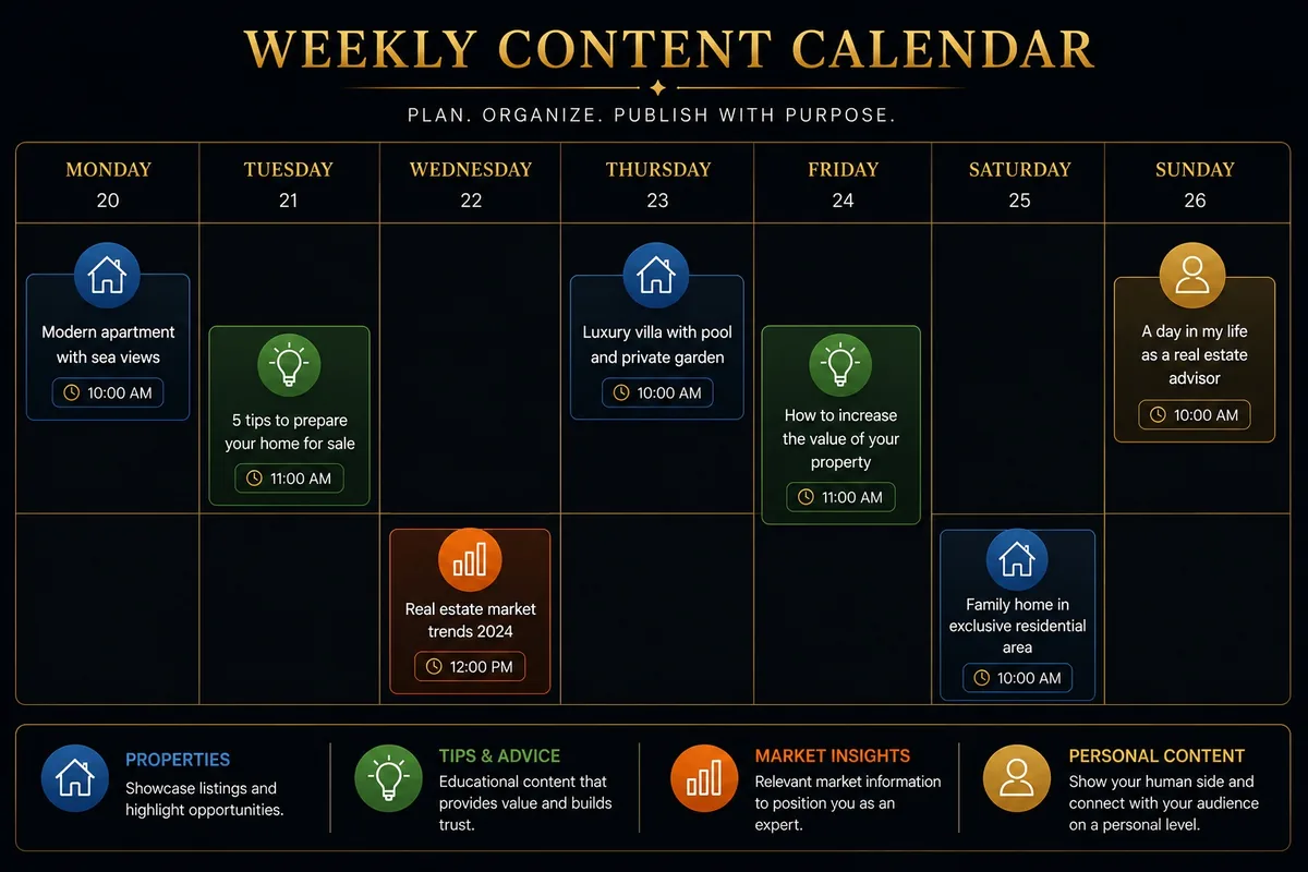 A weekly calendar with four content types: properties, tips, market data and personal content