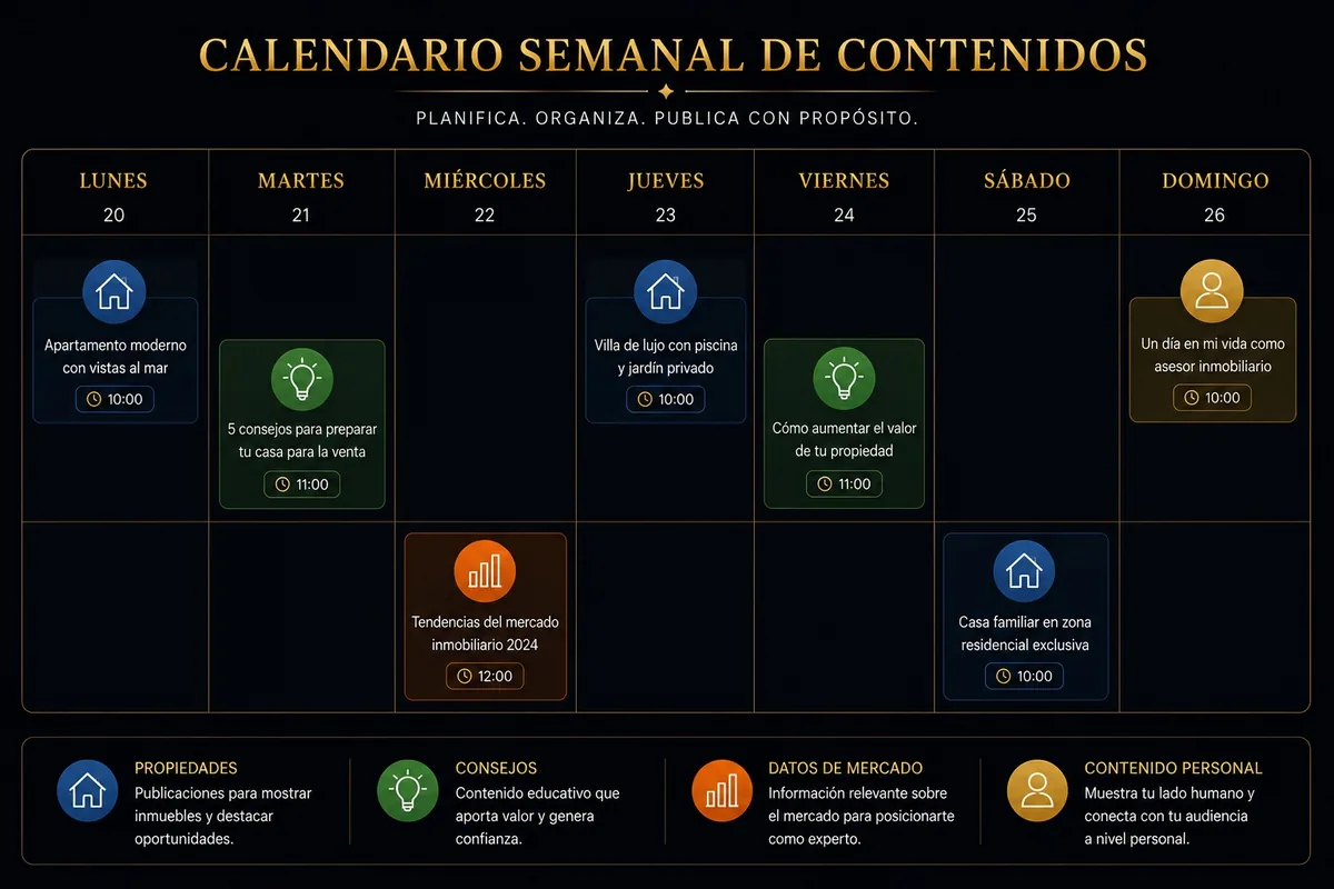 Calendario semanal con cuatro tipos de contenido: propiedades, consejos, datos de mercado y contenido personal