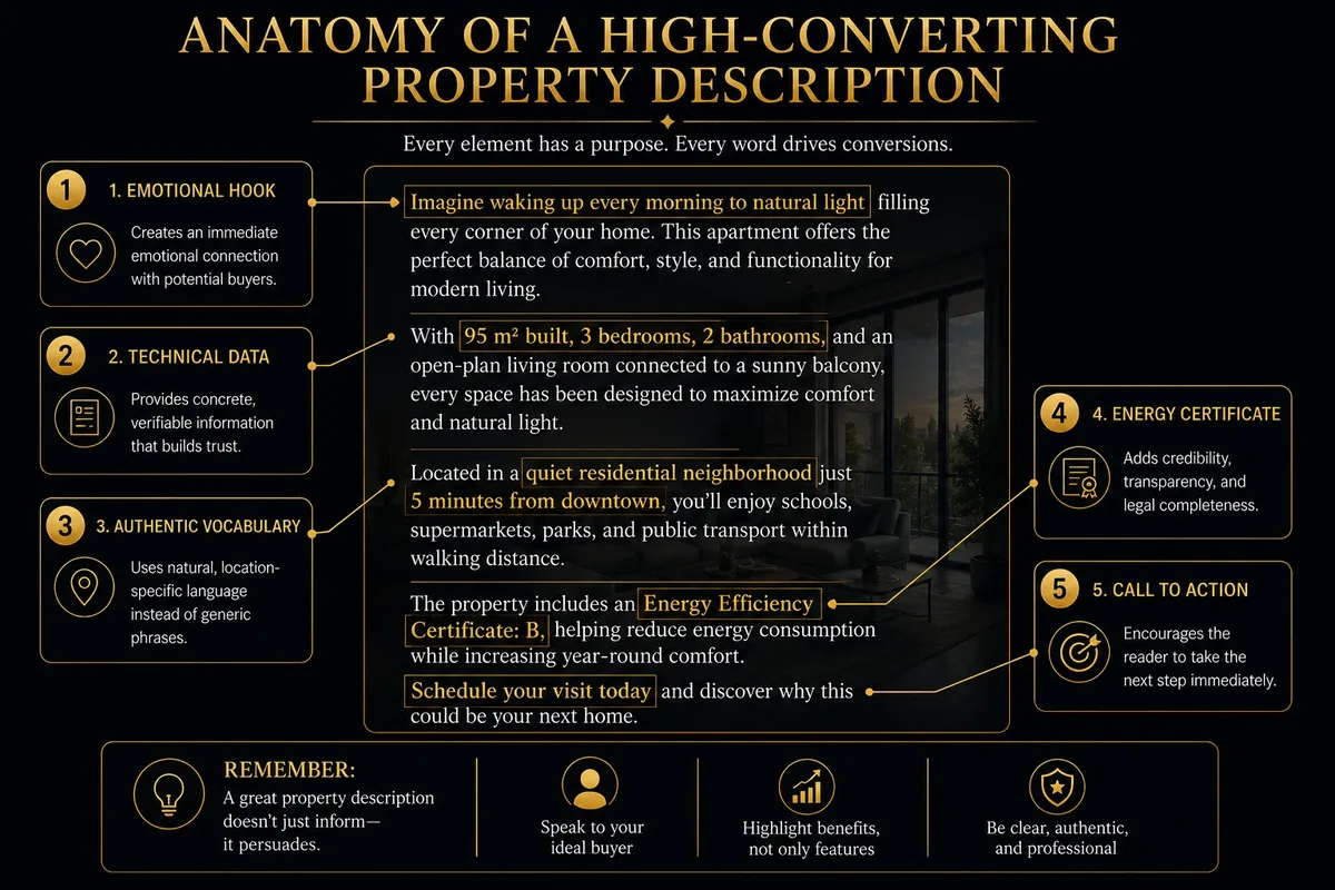 Anatomy of a property description: emotional hook, technical data, authentic vocabulary, energy certificate and call to action