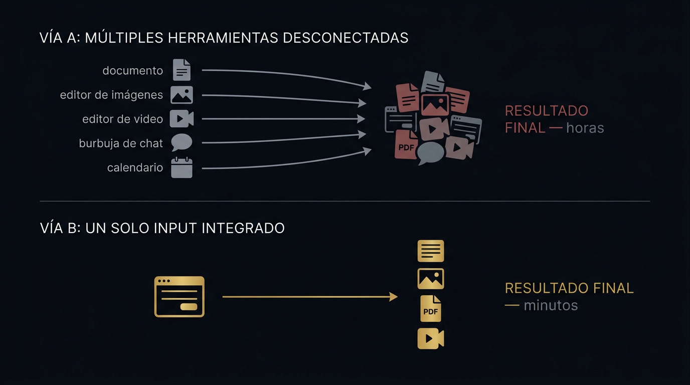 Diagrama comparando múltiples herramientas desconectadas frente a un solo input integrado que genera todo el contenido