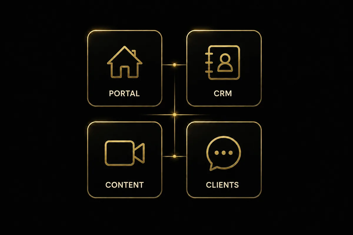 Four connected categories: portal, CRM, content and clients