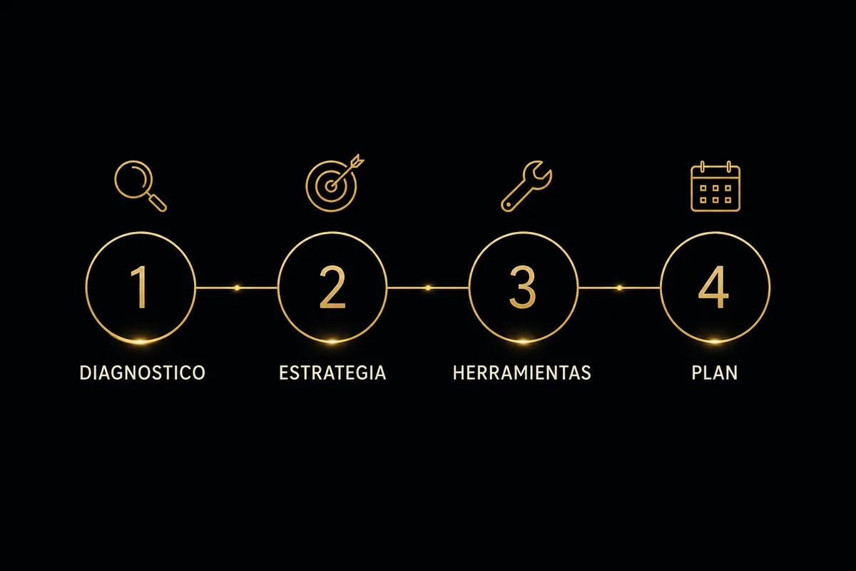 Las cuatro partes de la guía: diagnóstico, estrategia, herramientas y plan