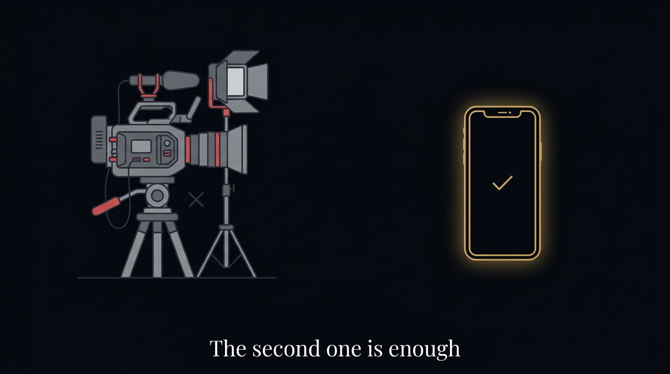 Comparison between a complex professional camera setup and a simple smartphone: the second is enough to shoot real estate Reels