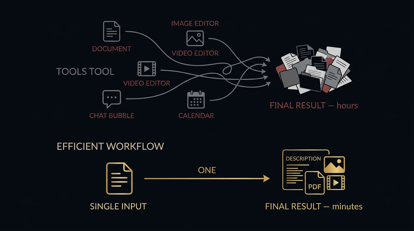 Diagram comparing multiple disconnected tools vs. a single integrated input that generates all content