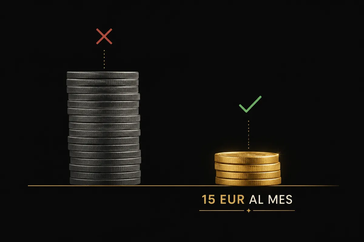 Una pila alta de monedas grises frente a una pequeña dorada: 15 euros al mes