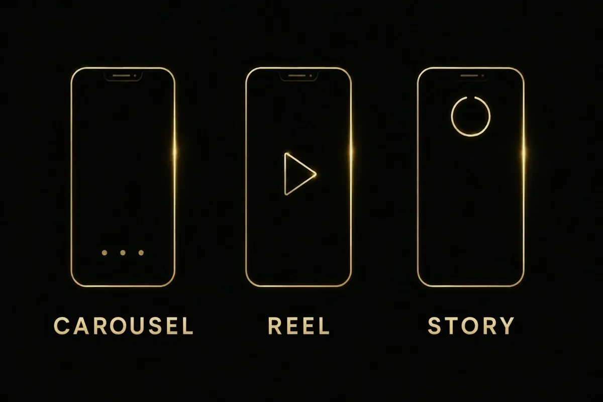 The three formats of the plan: carousel, reel and story