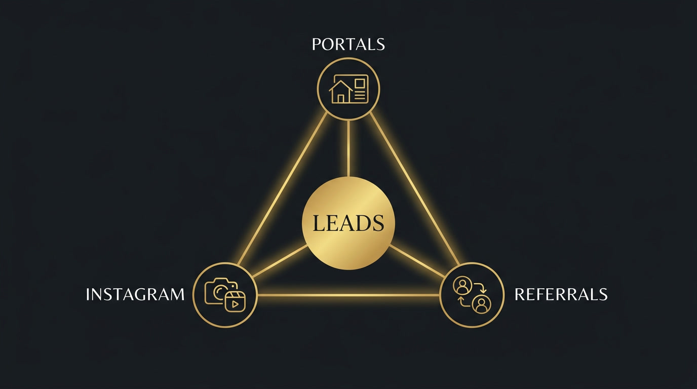 Diagrama de las 3 fuentes principales de leads: portales, Instagram y referencias