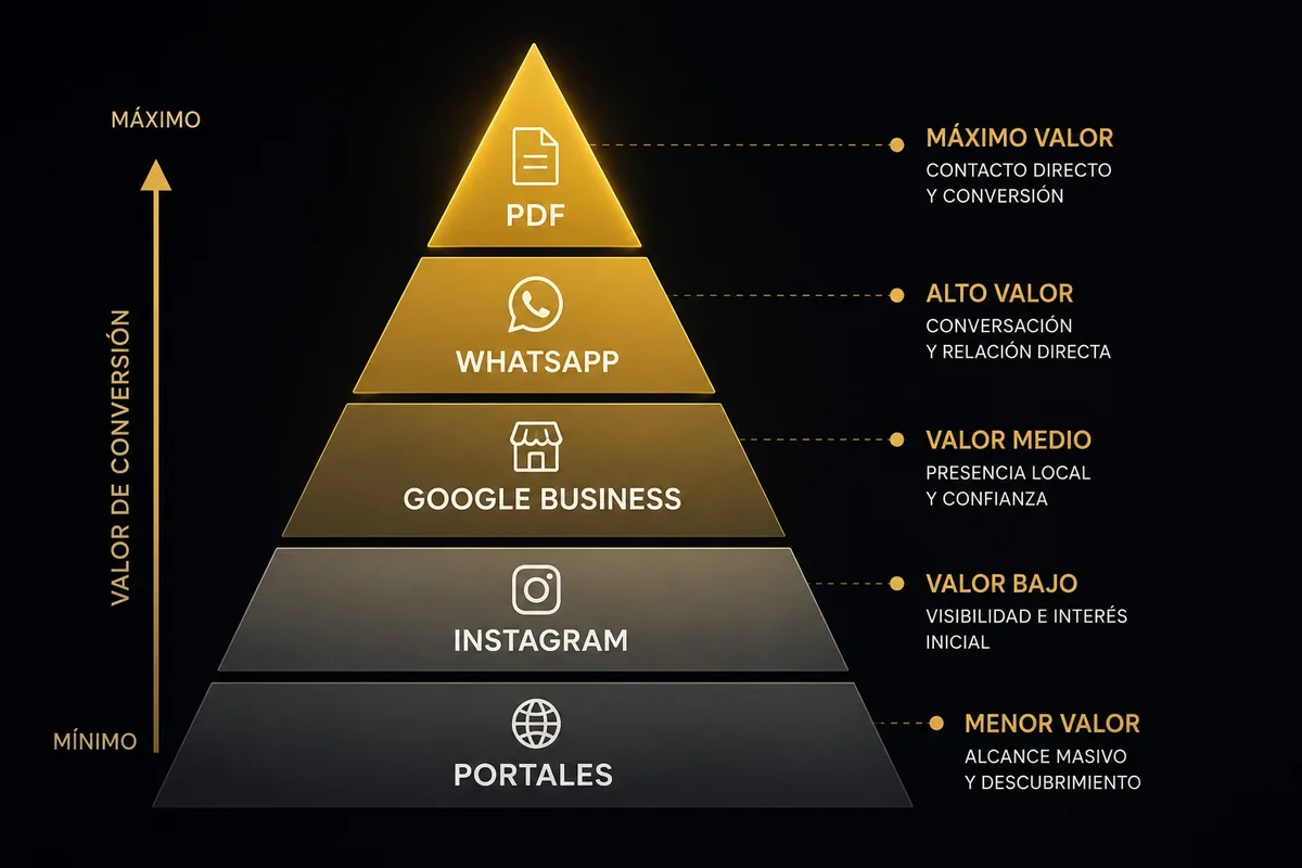 Pirámide de valor de conversión: los portales dan alcance, Instagram visibilidad, Google Business confianza, WhatsApp conversación y el PDF cierra el contacto