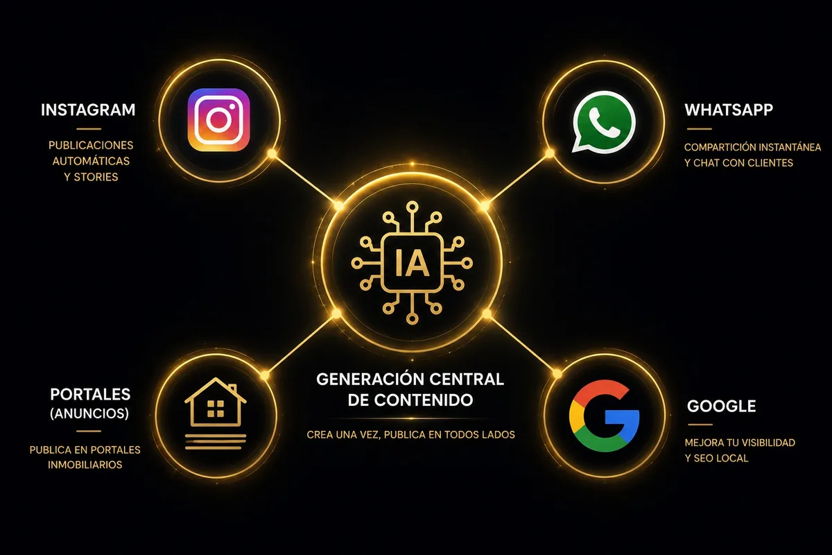 La generación de contenido con IA en el centro, publicando en Instagram, WhatsApp, portales y Google