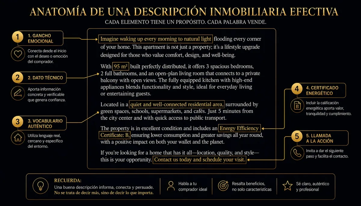 Anatomía de una descripción inmobiliaria: gancho emocional, dato técnico, vocabulario auténtico, certificado energético y llamada a la acción