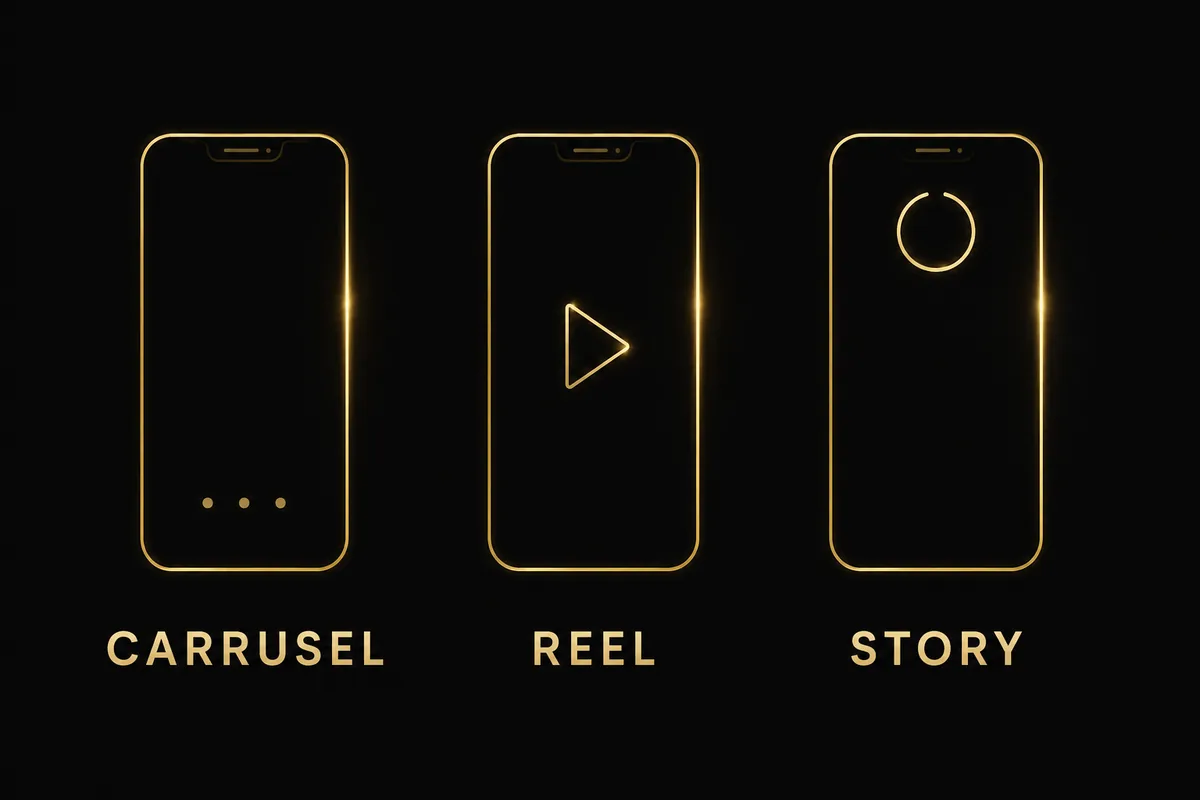 Los tres formatos del plan: carrusel, reel y story