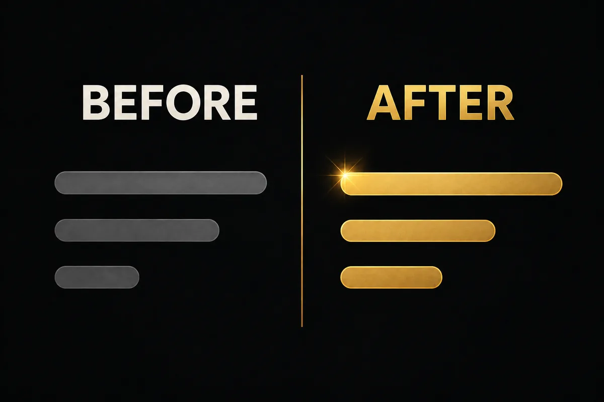Flat copy versus worked copy, shown as grey bars against gold bars
