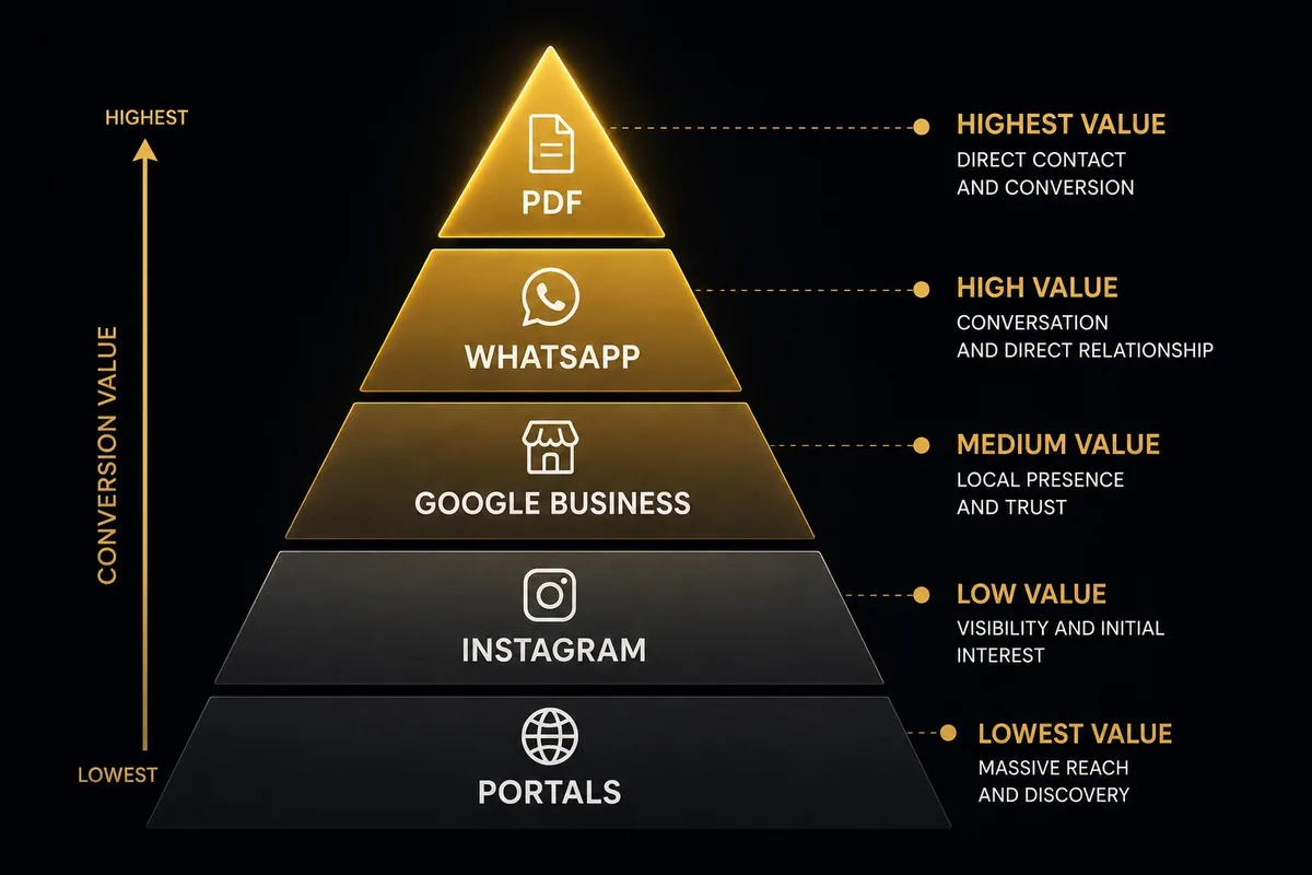 Conversion value pyramid: portals give reach, Instagram visibility, Google Business trust, WhatsApp conversation, and the PDF closes the contact