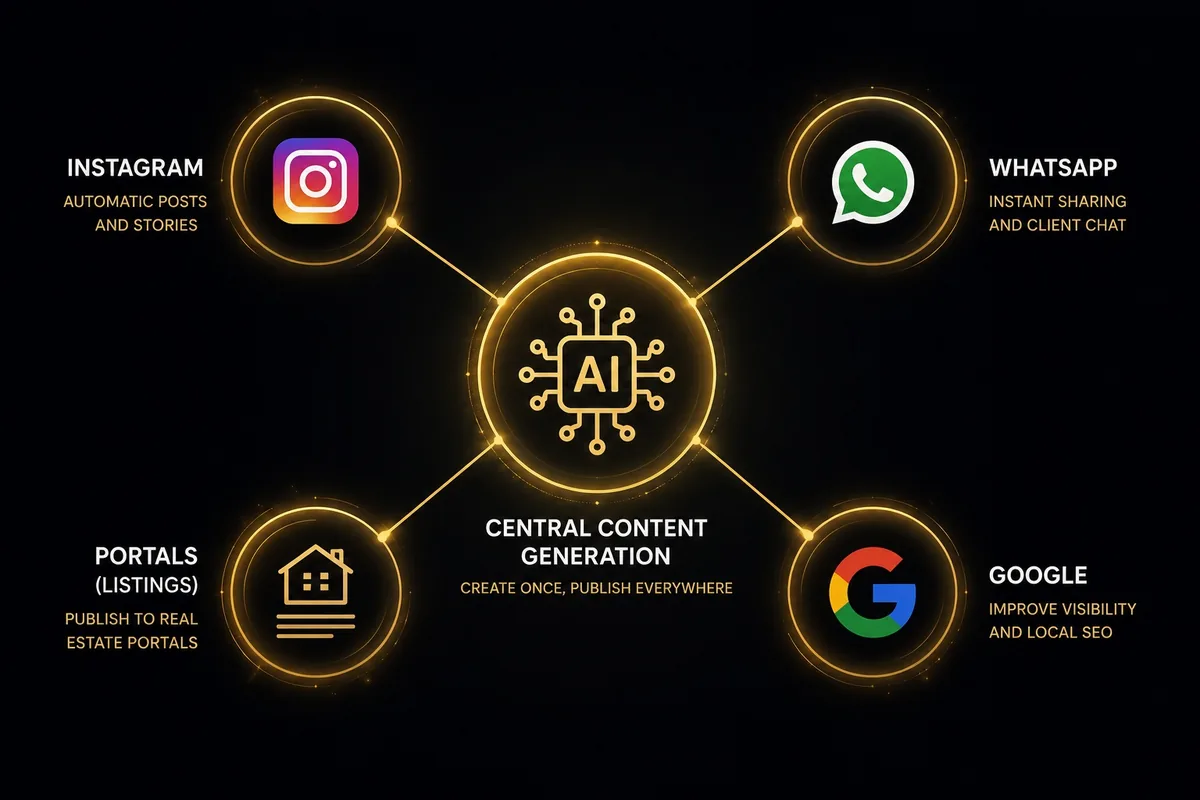 AI content generation at the centre, publishing to Instagram, WhatsApp, portals and Google