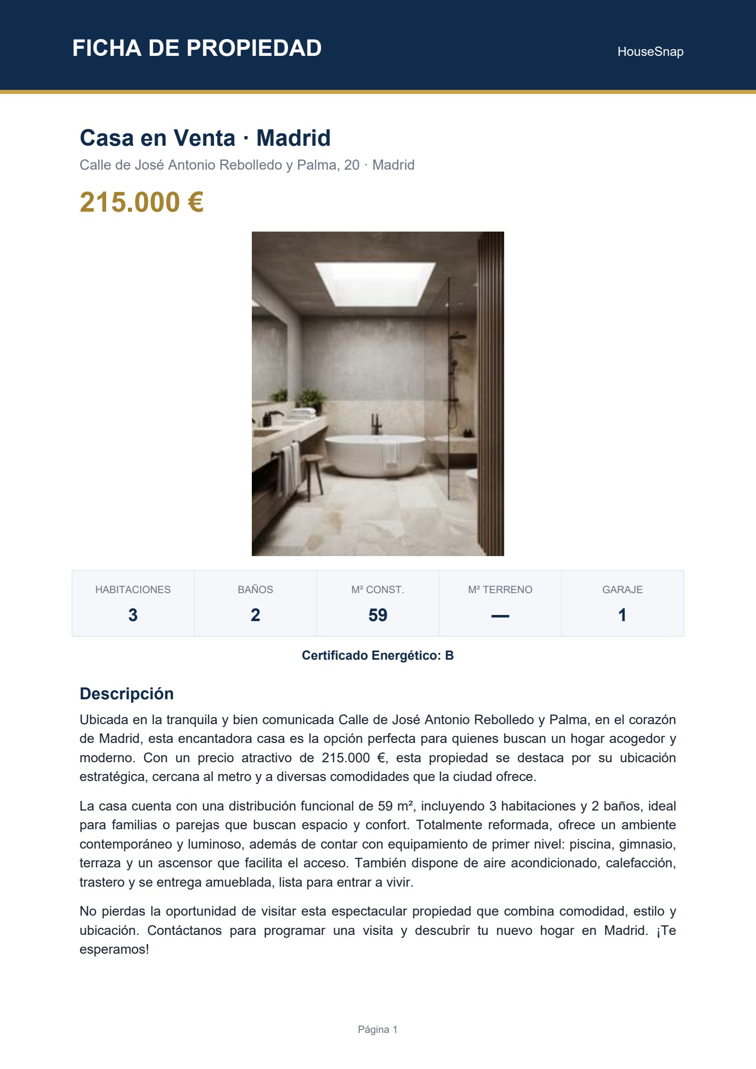 Portada de PDF de propiedad generado con SnapHouse: foto, precio, características técnicas y descripción con IA