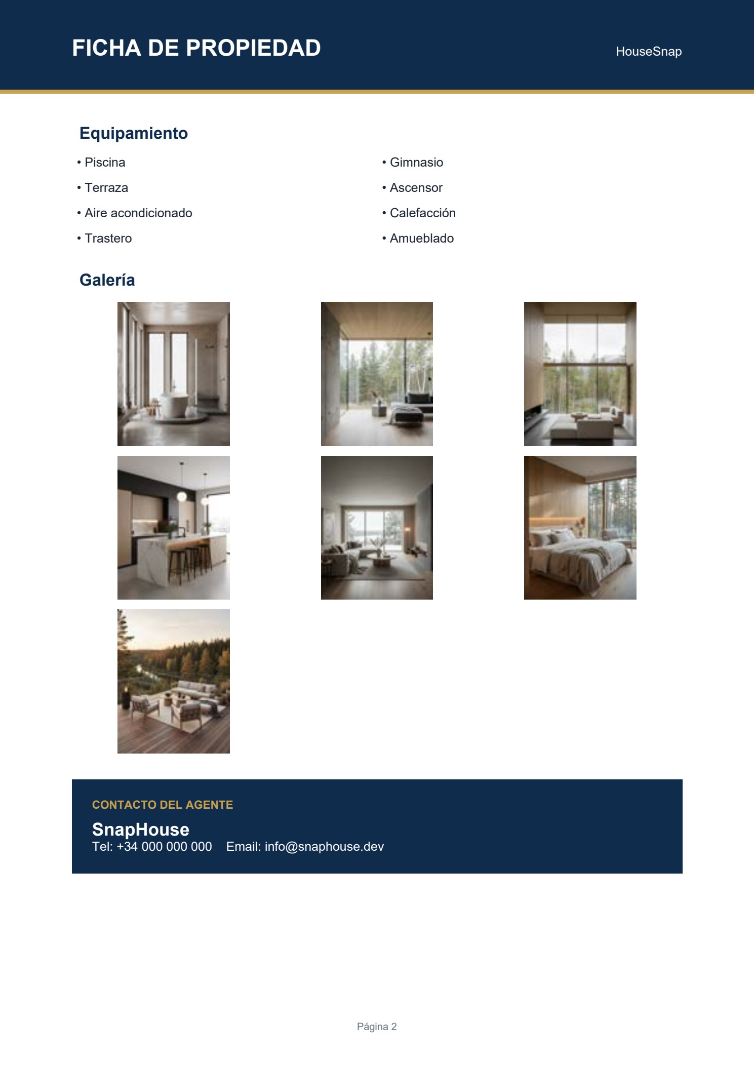 Segunda página del PDF generado con SnapHouse: equipamiento y galería de fotos de la propiedad