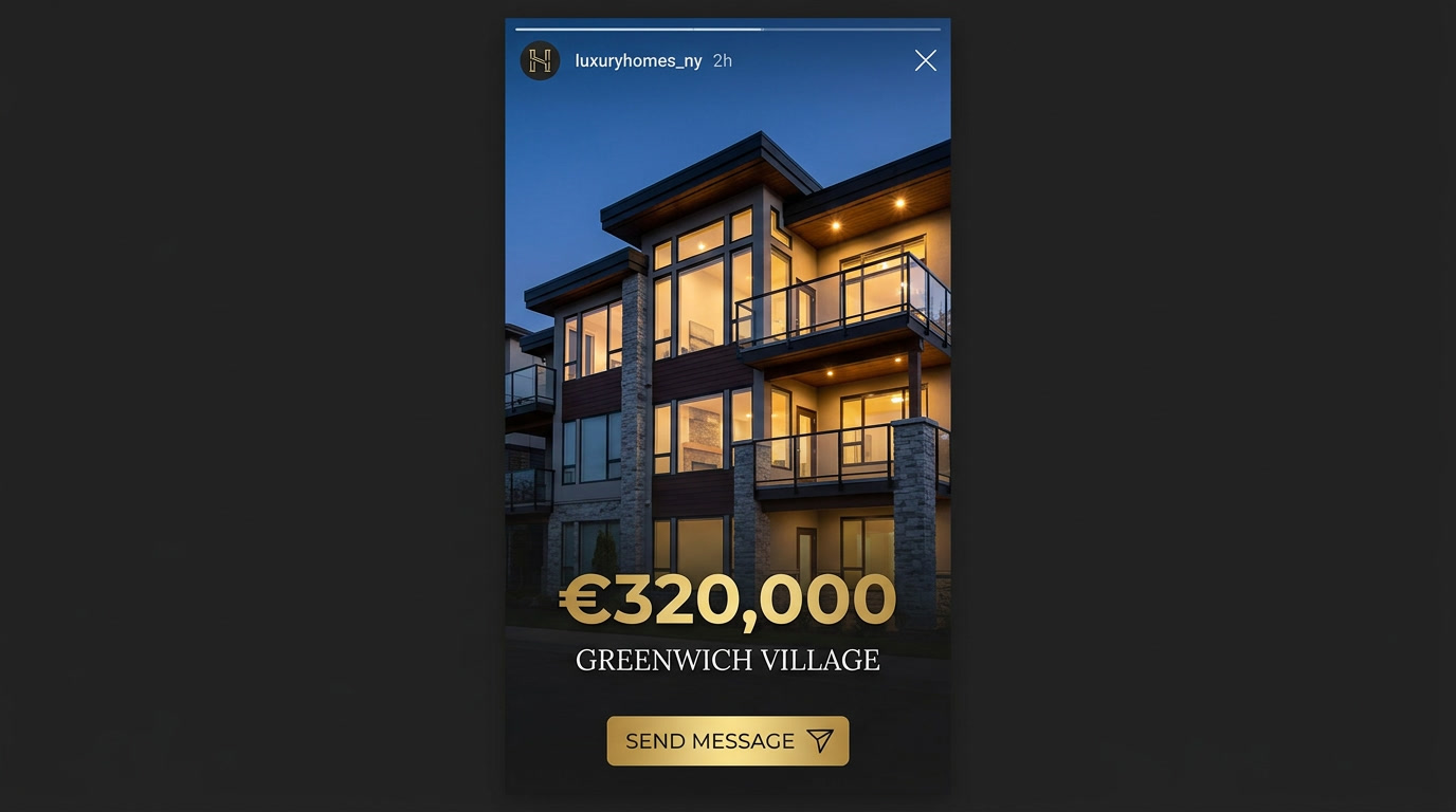 Showcase-type real estate Story with property photo, price displayed prominently, exclusive area and a send-message button