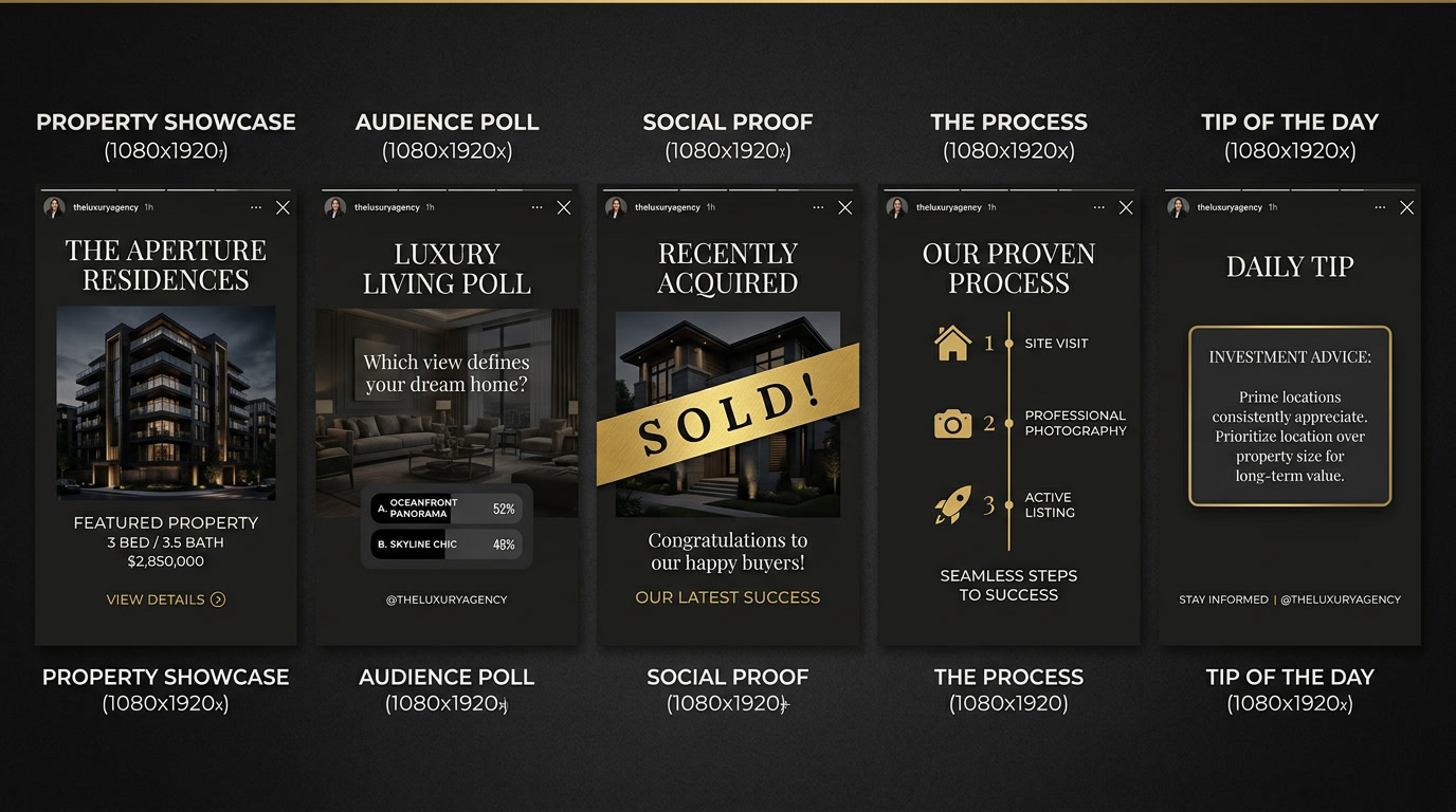 5 Story examples with the same brand style: showcase, poll, sold social proof, process and tip of the day