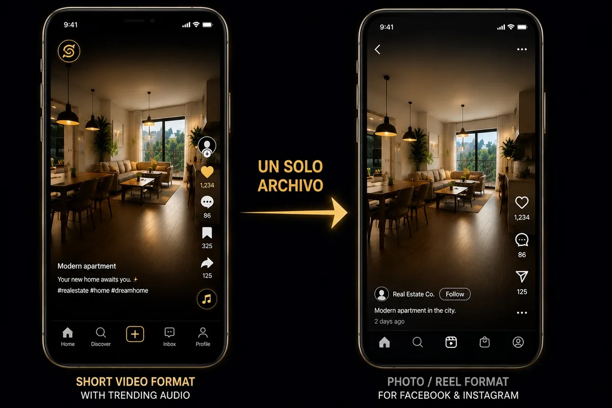 El mismo archivo sirve para el vídeo vertical con audio en tendencia y para el feed de Facebook e Instagram