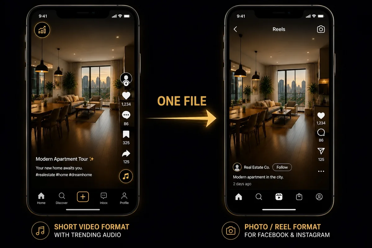 One single file serves both the short vertical video with trending audio and the Facebook and Instagram feed